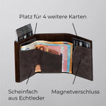 Lade das Bild in den Galerie-Viewer, 43693613220106;Scheinfach aus Echtleder;Unser Cardholder verfügt über ein elegantes Echtleder-Scheinfach und bietet Platz für bis zu vier zusätzliche Karten neben den sieben im Aluminium-Case.
