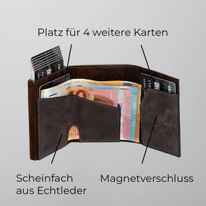 43693613220106;Scheinfach aus Echtleder;Unser Cardholder verfügt über ein elegantes Echtleder-Scheinfach und bietet Platz für bis zu vier zusätzliche Karten neben den sieben im Aluminium-Case.