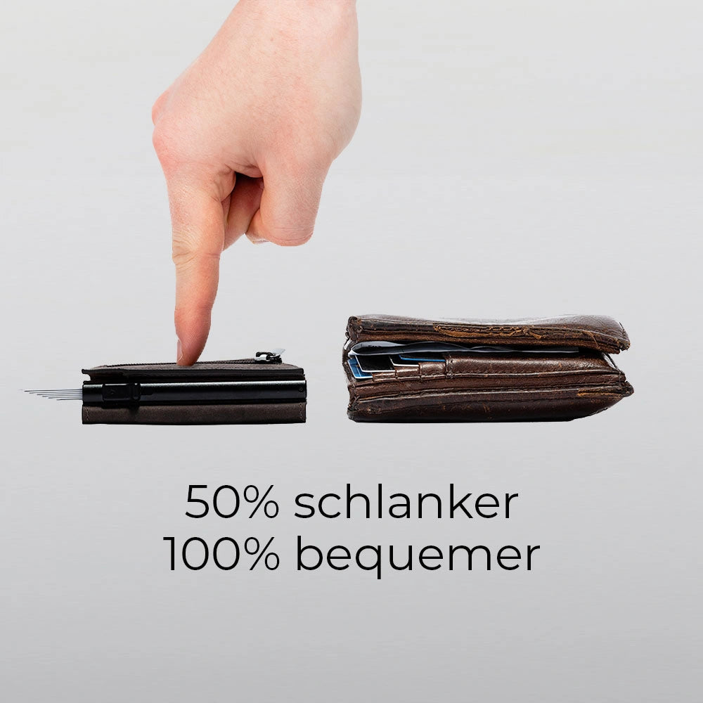 43693613220106;Entwickelt gegen klobige Geldbeutel;Vor über vier Jahren haben wir in Heidelberg unseren Cardholder entwickelt, um klobige Geldbeutel zu ersetzen und mehr Platz, Komfort und Ordnung in der Hosentasche zu schaffen.