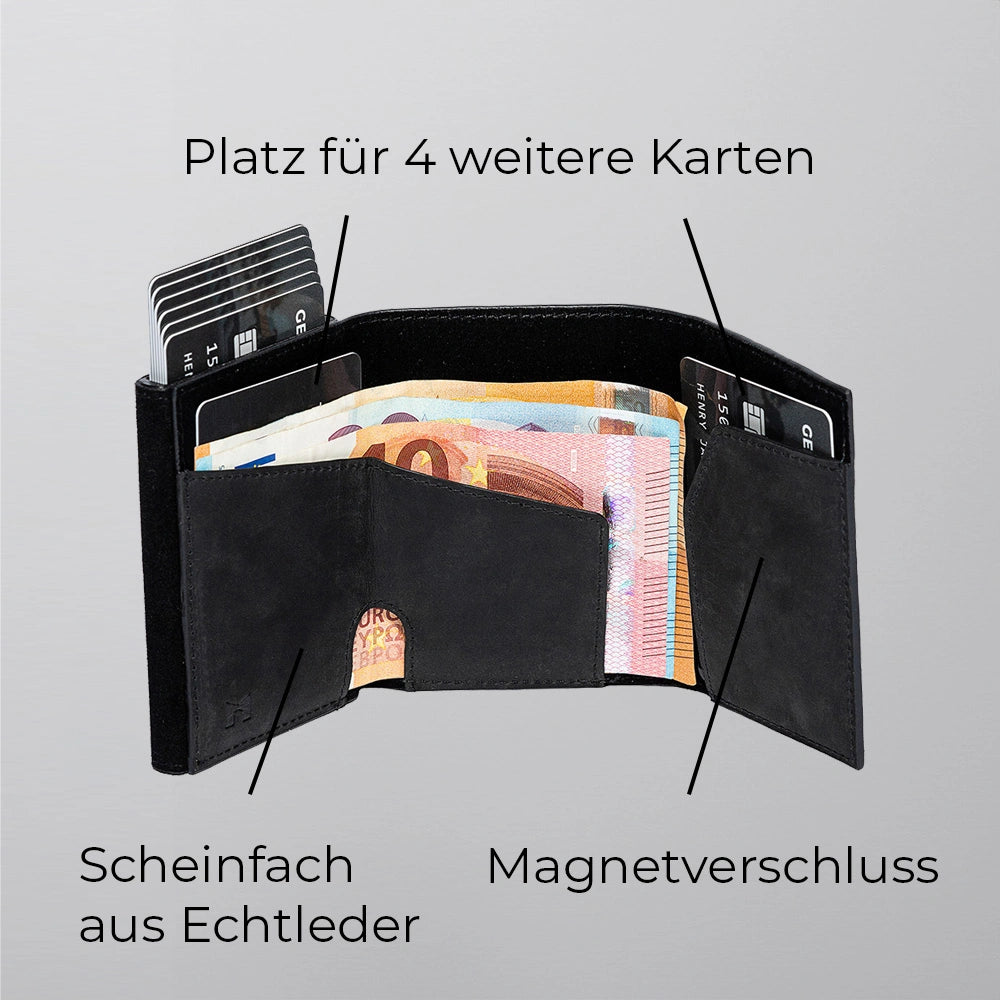 43693613252874;Scheinfach aus Echtleder;Unser Cardholder verfügt über ein elegantes Echtleder-Scheinfach und bietet Platz für bis zu vier zusätzliche Karten neben den sieben im Aluminium-Case.