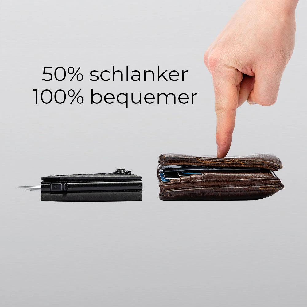 43693613252874;Entwickelt gegen klobige Geldbeutel;Vor über vier Jahren haben wir in Heidelberg unseren Cardholder entwickelt, um klobige Geldbeutel zu ersetzen und mehr Platz, Komfort und Ordnung in der Hosentasche zu schaffen.